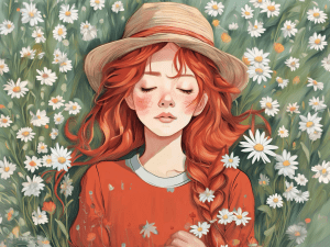 An Illustration of a girl with freckled cheeks lying in a field of flowers.